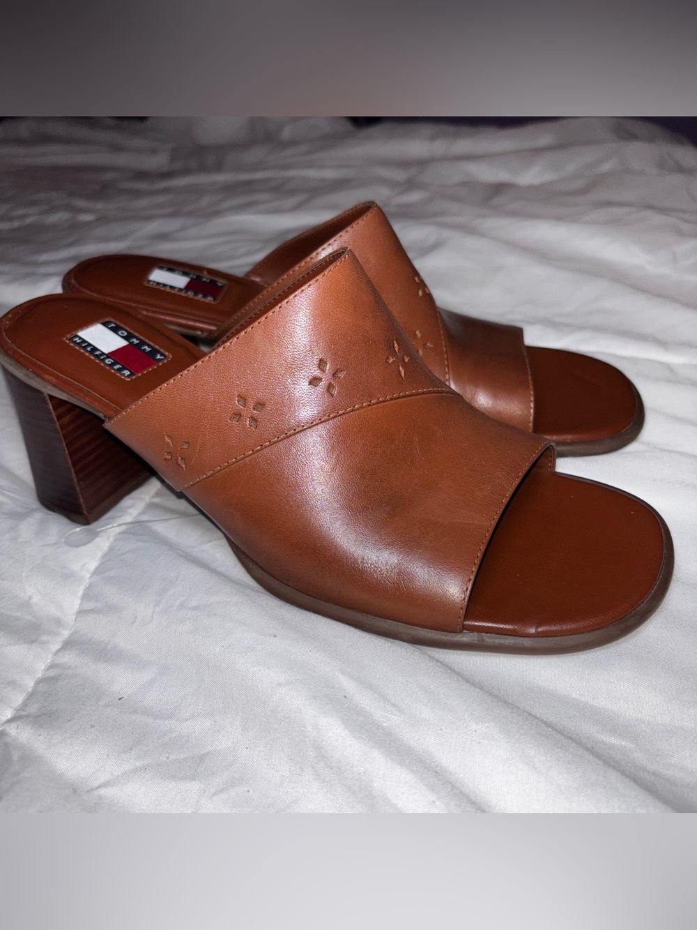 Tommy Hilfiger Tan Brown Leather Slide Mules